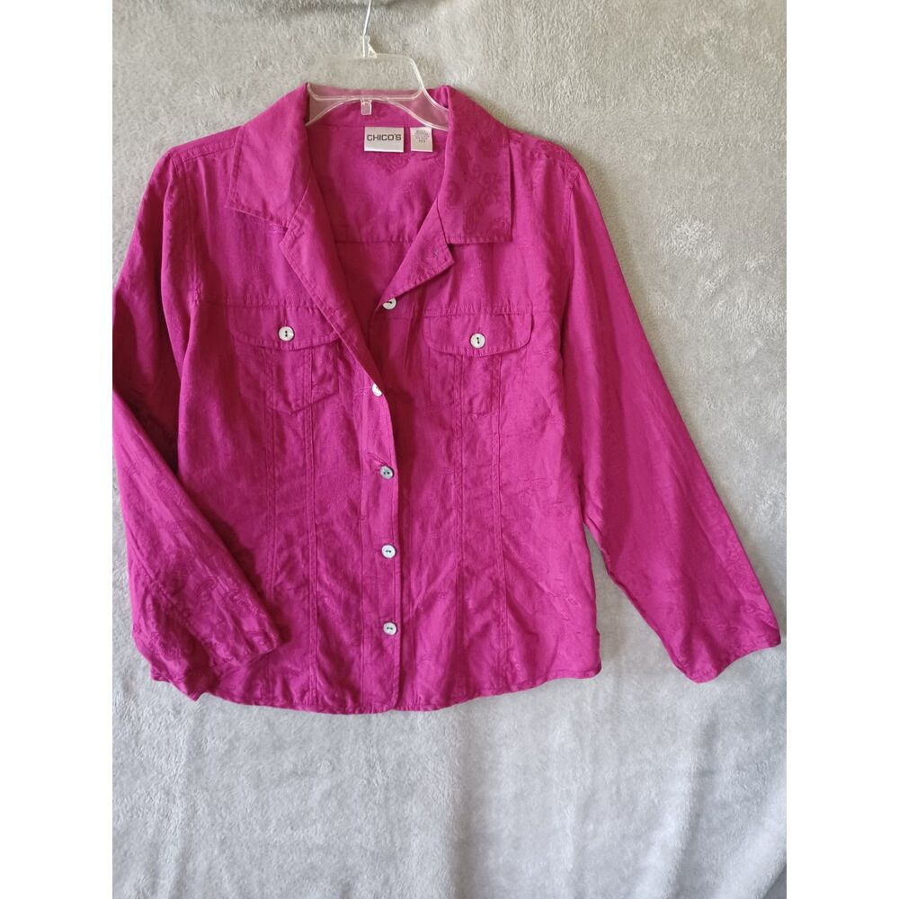 Chicos Shirt Lg Pink Long Sleeve Silk Cotton Lightweight ButtonUp Western Casual